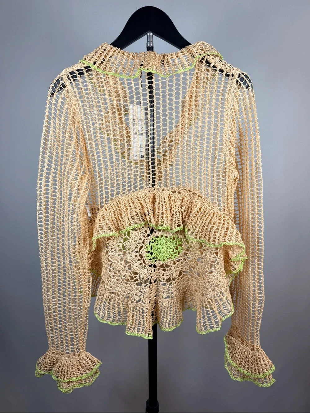 Zara Beige Crochet Ruffle Cardigan with Lime Trim